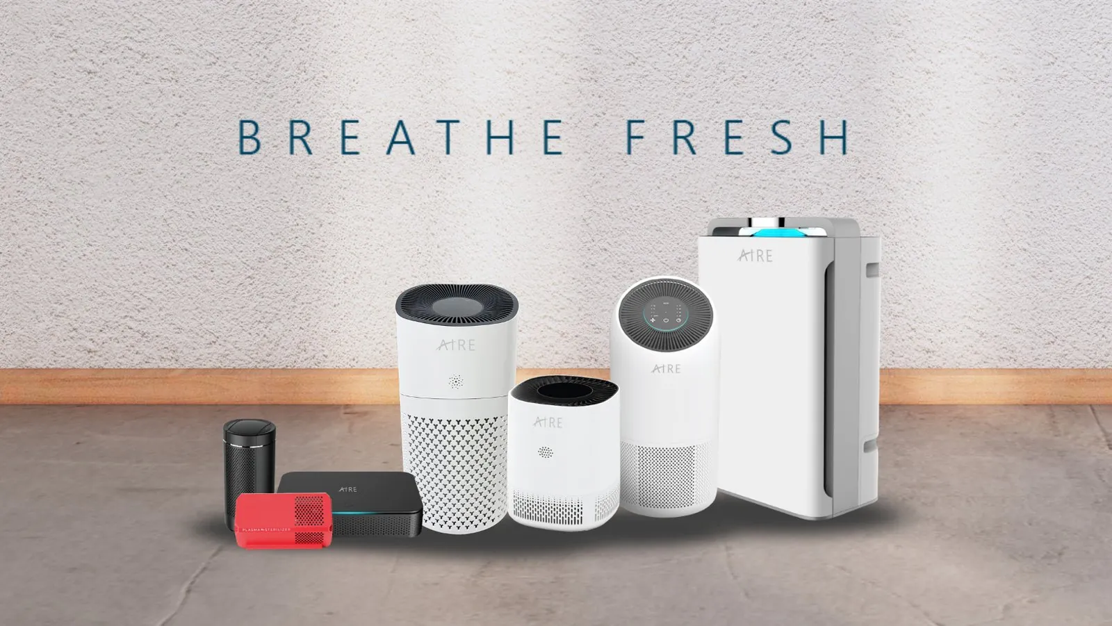 The full AIRE air purifier range — floor, tower, desktop, plug-in and car units